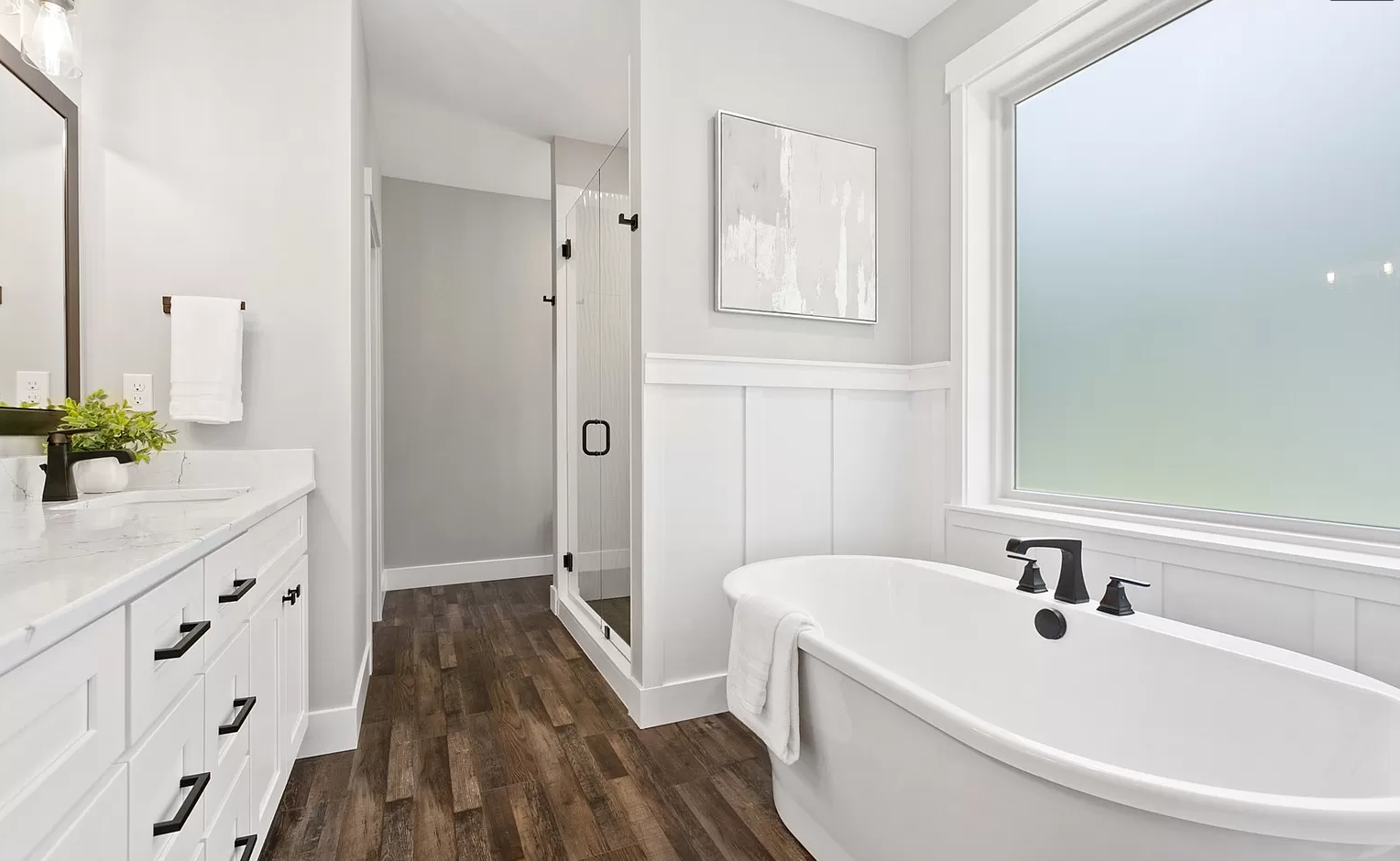 bathroom with shaker cabinets