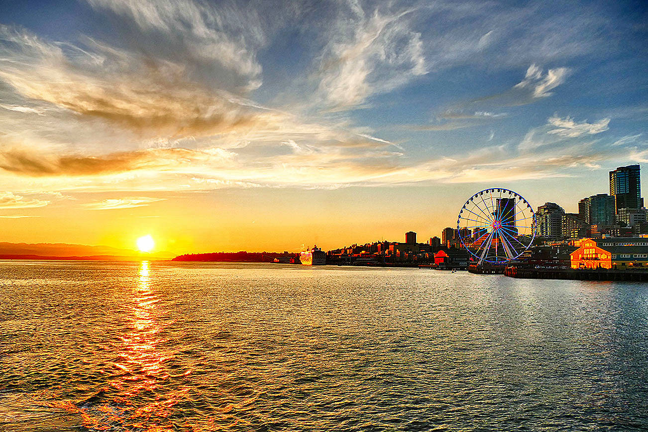Seattle, Ferris Wheel, Sunset, Sound