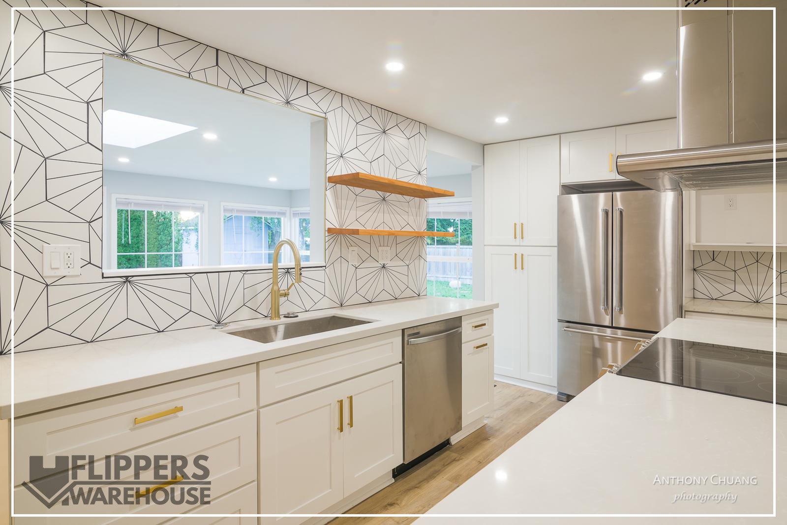 White shaker cabinets with gold hardware